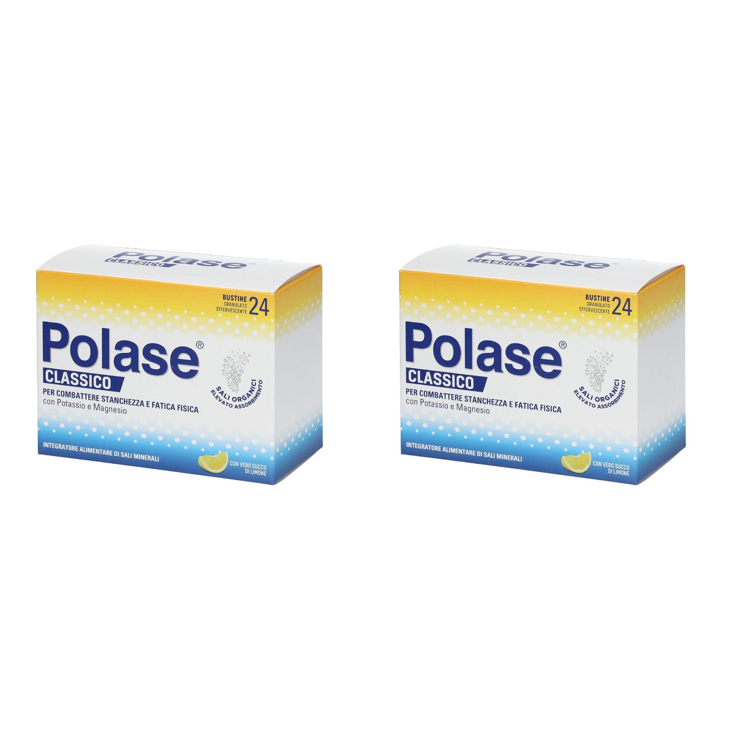 Deux boîtes de Polase Classico. Inscription : 24 sachets. Emballage jaune et blanc avec image de citron.