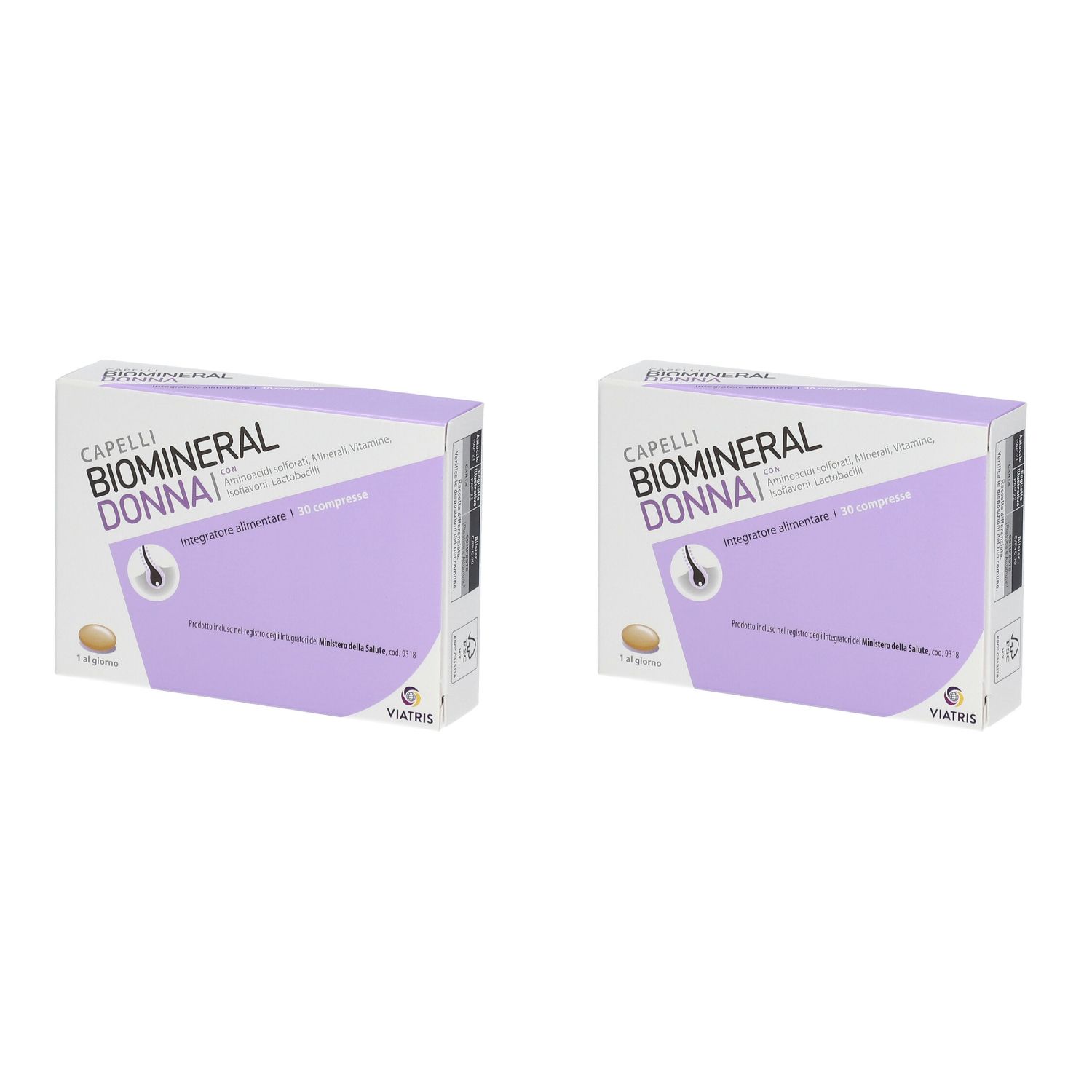 Deux boîtes "CAPELLI BIOMINERAL DONNAI". Emballage violet et blanc. Logo Viatris en bas.