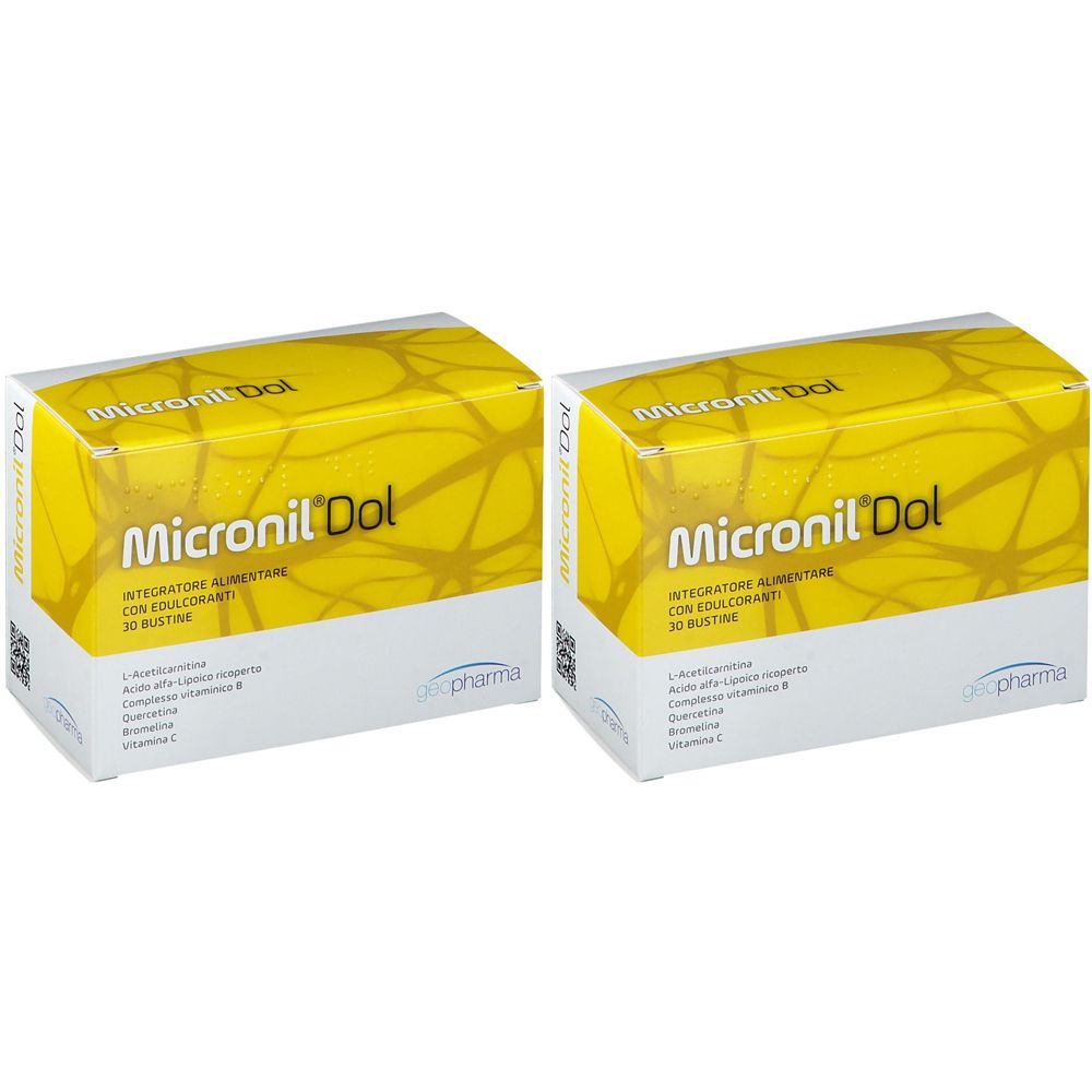 Zwei Schachteln mit der Aufschrift "Micronil Dol". Gelbe Verpackung mit weißem Hintergrund. Text in italienischer Sprache.
