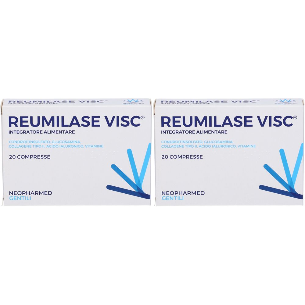 Deux boîtes de Reumilase Visc. Inscription : Integratore Alimentare, 20 comprimés. Marque : Neopharmed Gentili.