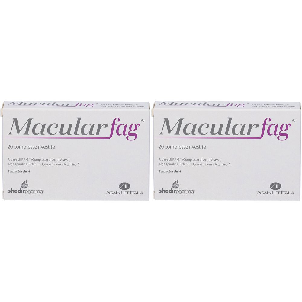 Zwei Schachteln mit dem Produktnamen „Macular fag“. Auf jeder Schachtel steht „20 compresse rivestite“ und weitere Informationen.