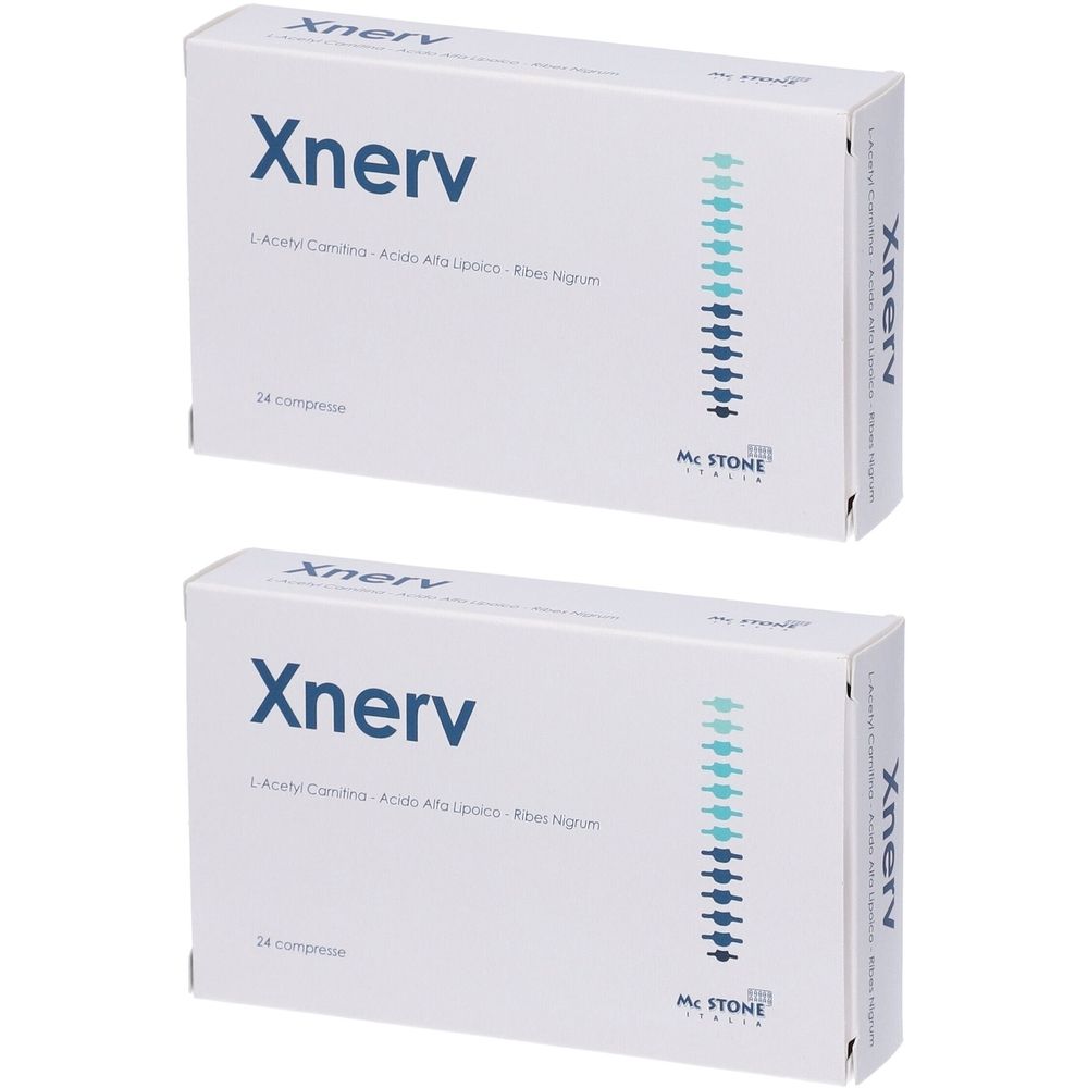 Zwei weiße Schachteln mit der Aufschrift "Xnerv". Auf jeder Schachtel steht "24 compresse" und "Mc Stone Italia".
