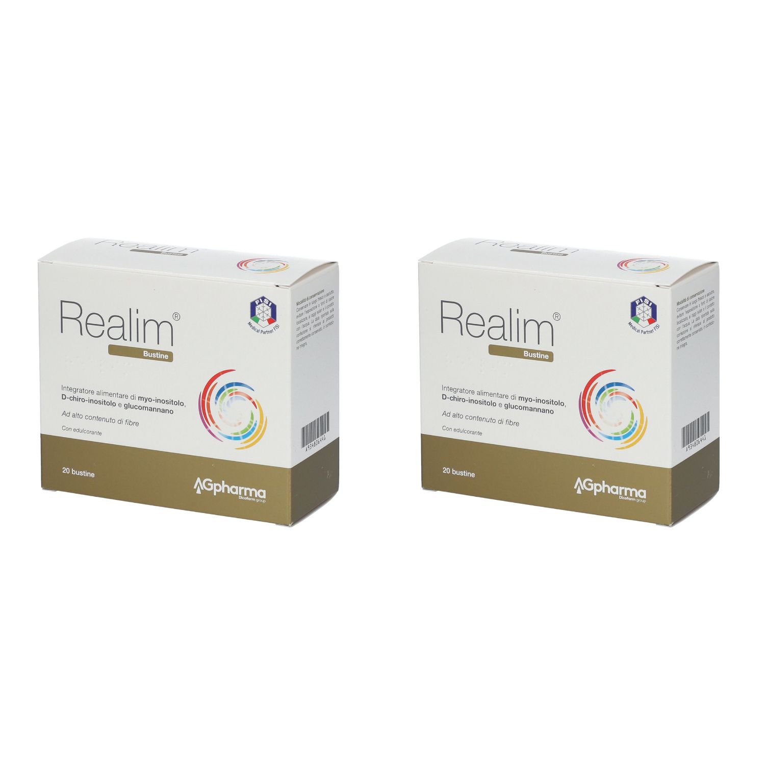 Deux boîtes "Realim". Texte italien, logo coloré et label de qualité. Boîtes blanches et marron clair.