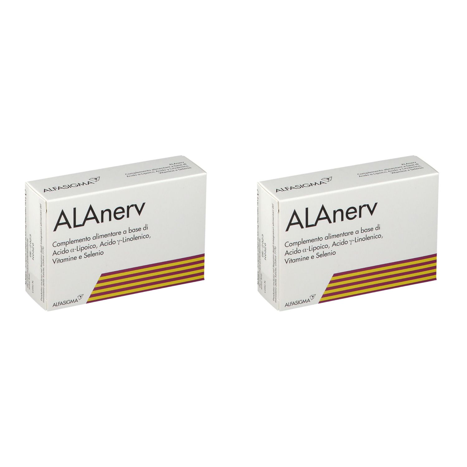Deux boîtes blanches avec le texte ALAnerv. Texte en italien. Une bande marron en dessous.