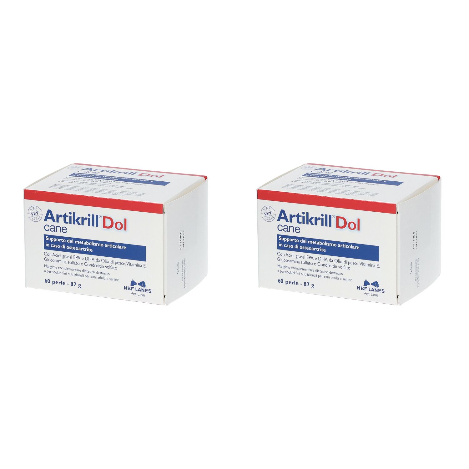 Deux boîtes blanches avec texte rouge et bleu. Inscription: Artikrill Dol cane. Contient 60 perles.