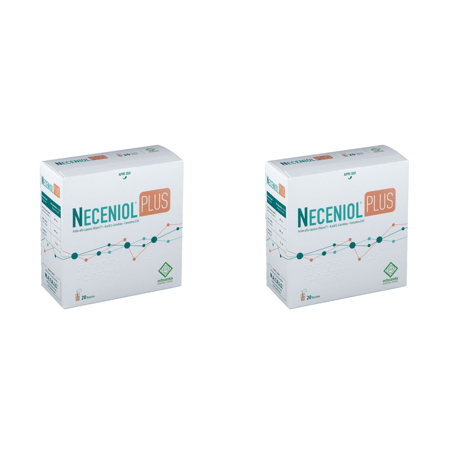 Deux boîtes rectangulaires avec l'inscription NECENIOL PLUS. Emballage blanc avec des accents verts et orange. 20 sachets.