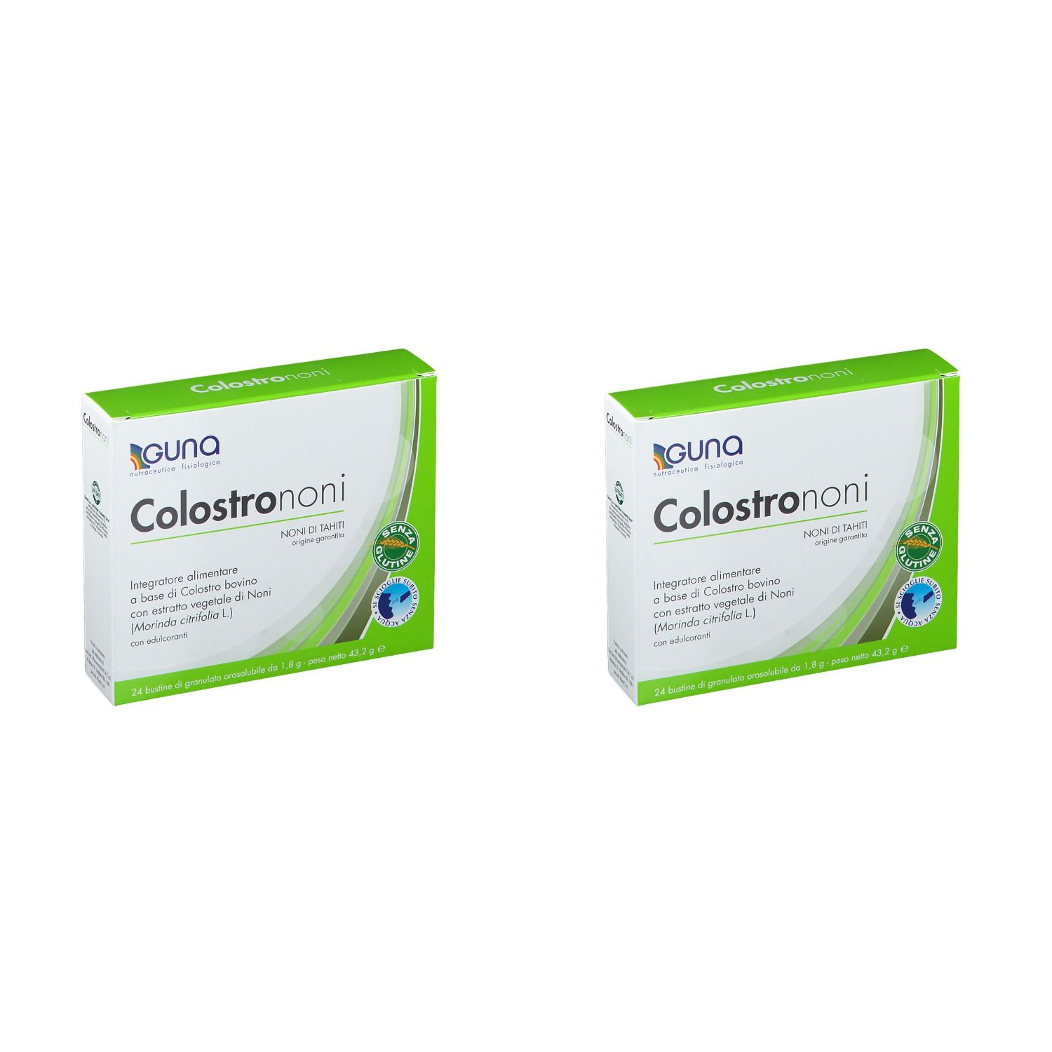 Deux boîtes vertes avec le logo "Guna Colostrononi". Texte en italien. Inscriptions : "HCV-01-Bustine".