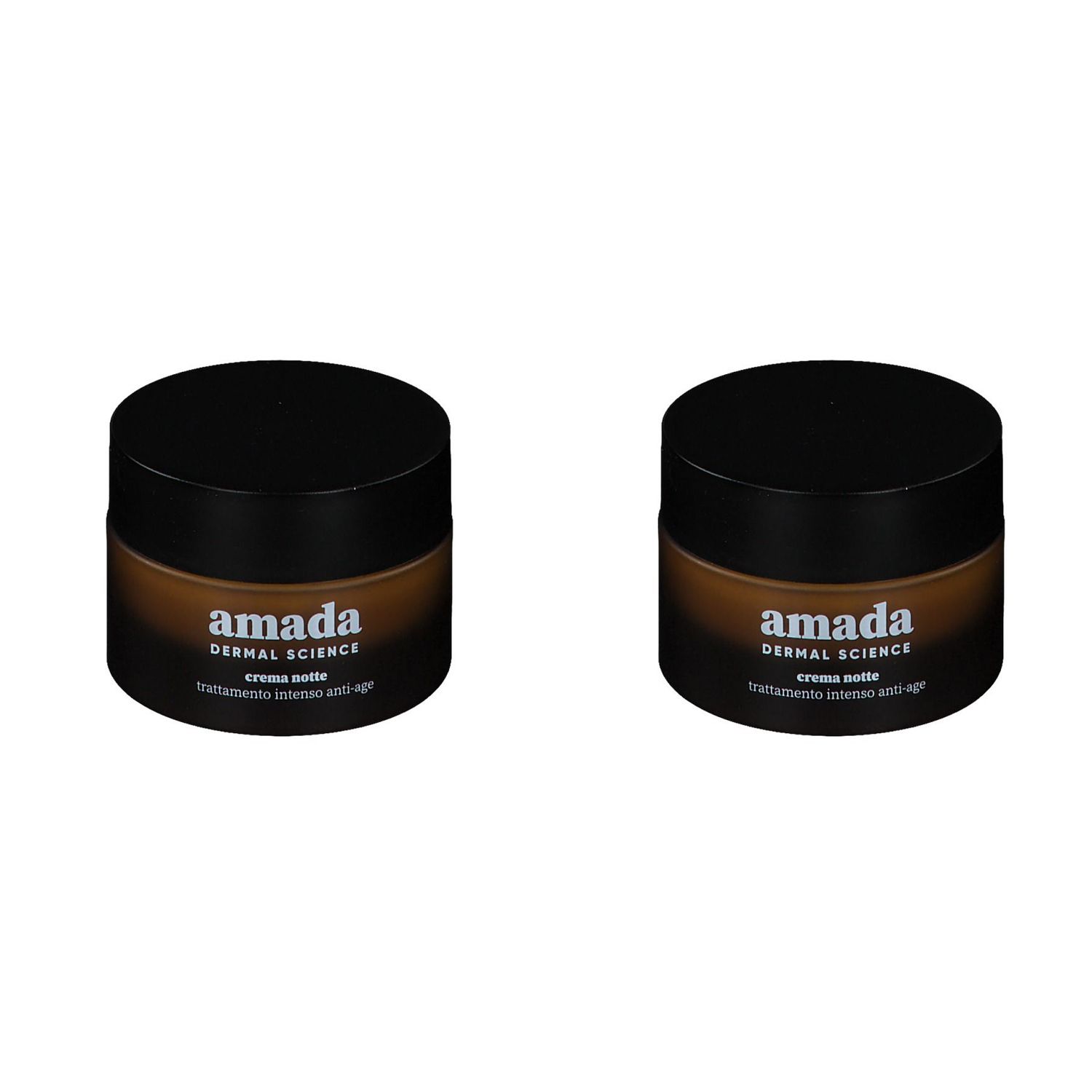 Deux pots avec couvercles noirs. Inscription : amada, Dermal Science, crema notte, trattamento intenso anti-age.