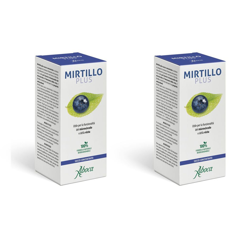 Zwei rechteckige Kartons. Auf der Vorderseite steht "Mirtillo Plus". Darunter eine Blaubeere auf einem Blatt. Text und Logo von Aboca.