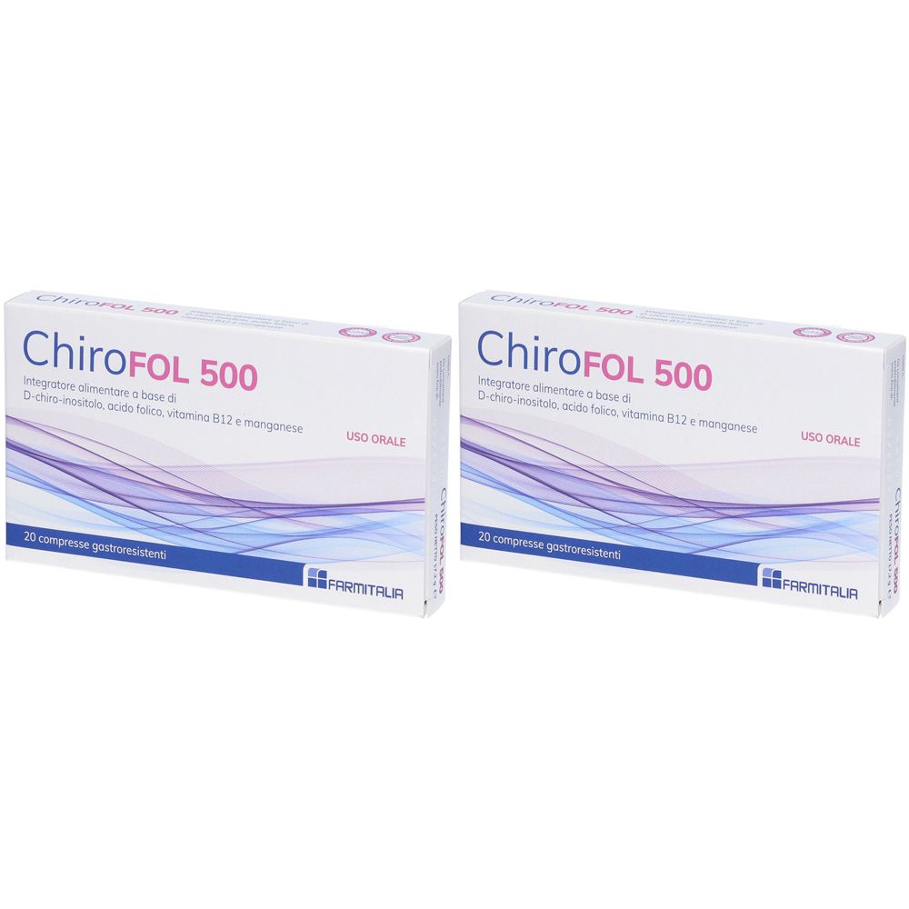 Deux boîtes de "ChiroFOL 500". Inscription : "Integratore alimentare". En bas : "20 compresse gastroresistenti".