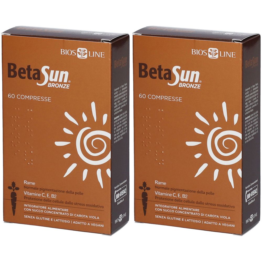 Zwei braune Schachteln mit Aufschrift Beta Sun Bronze. Auf jeder Schachtel steht "60 COMPRESSE".