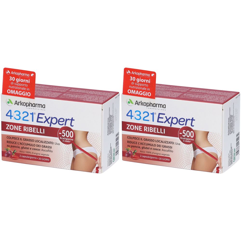 Zwei Kartons Arkopharma 4321 Expert Zone Ribelli. Aufdrucke: Marke, Produktname, -500 Kalorien, 30 Tage Unterstützung.