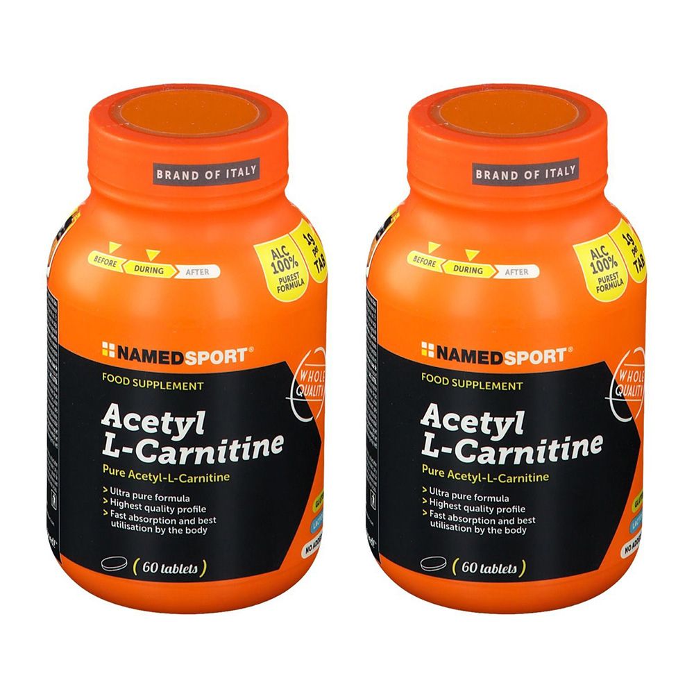 Deux flacons orange de Namedsport Acetyl L-Carnitine. Inscription : Acetyl L-Carnitine, 60 comprimés. Origine : Italie.