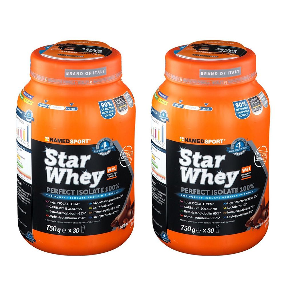 Deux boîtes orange avec l'étiquette Star Whey. Inscription : PERFECT ISOLATE 100%. 750g x 30.