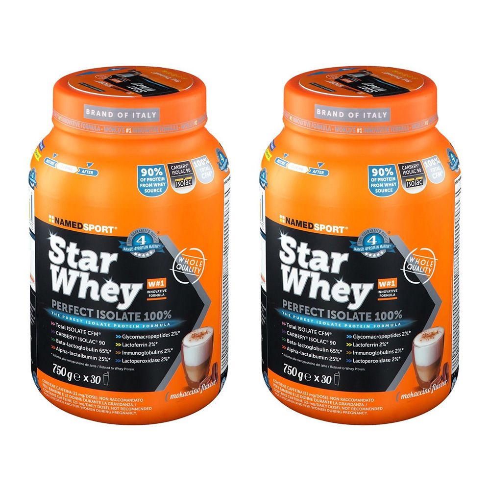 Deux boîtes orange de Namedsport Star Whey Isolate. Inscription : Star Whey, Perfect Isolate 100%. 750g x 30.
