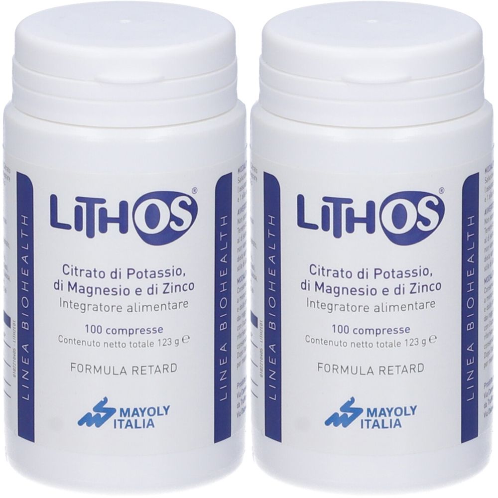 Deux flacons blancs avec étiquettes bleues. Inscription : LITHOS, Citrato di Potassio, di Magnesio e di Zinco, 100 compresse.