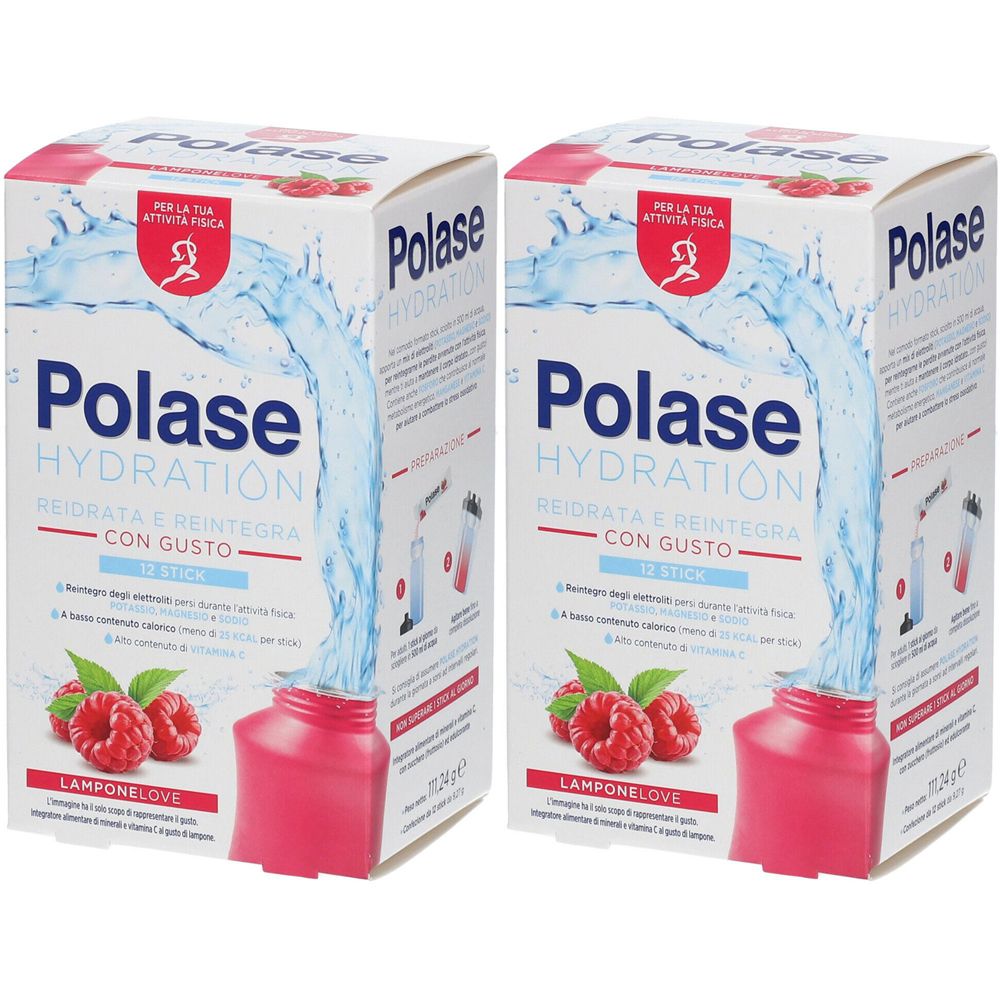 Zwei Kartons mit Polase Hydration. Aufschrift: Hydration, Reidrata e Reintegra, mit Himbeer-Geschmack. Abbildung von Himbeeren.