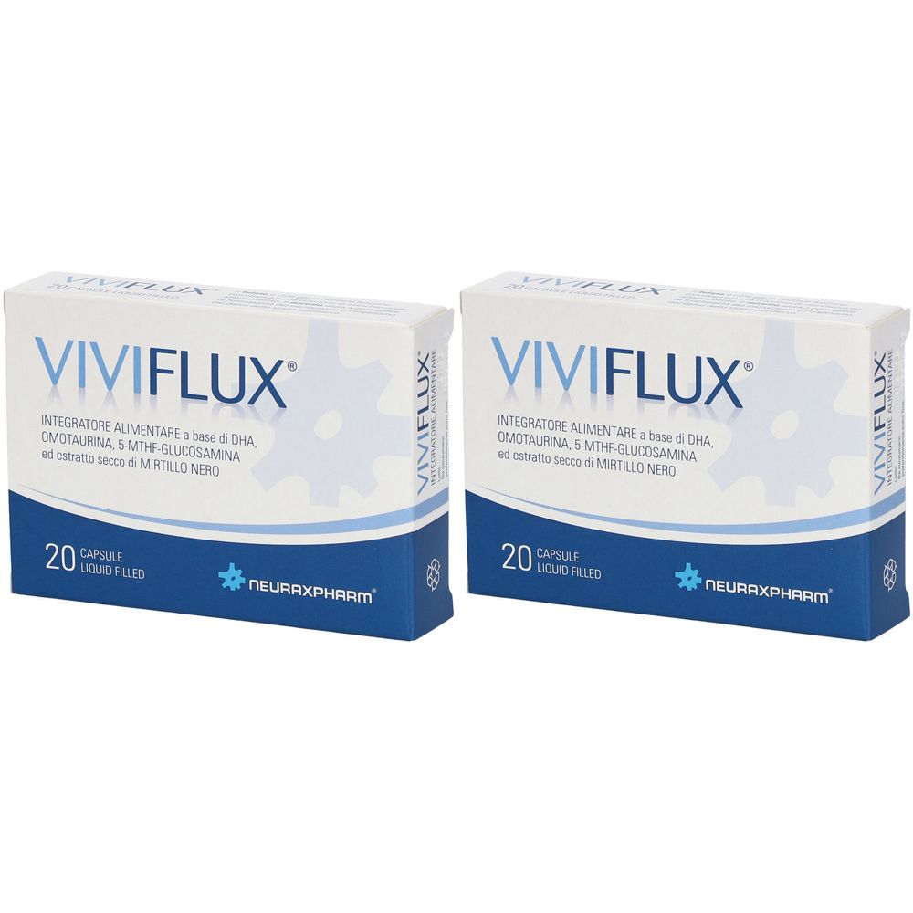 Zwei Schachteln mit der Aufschrift VIVIFLUX. Jede Schachtel enthält 20 Kapseln. Blaue und weiße Verpackung.