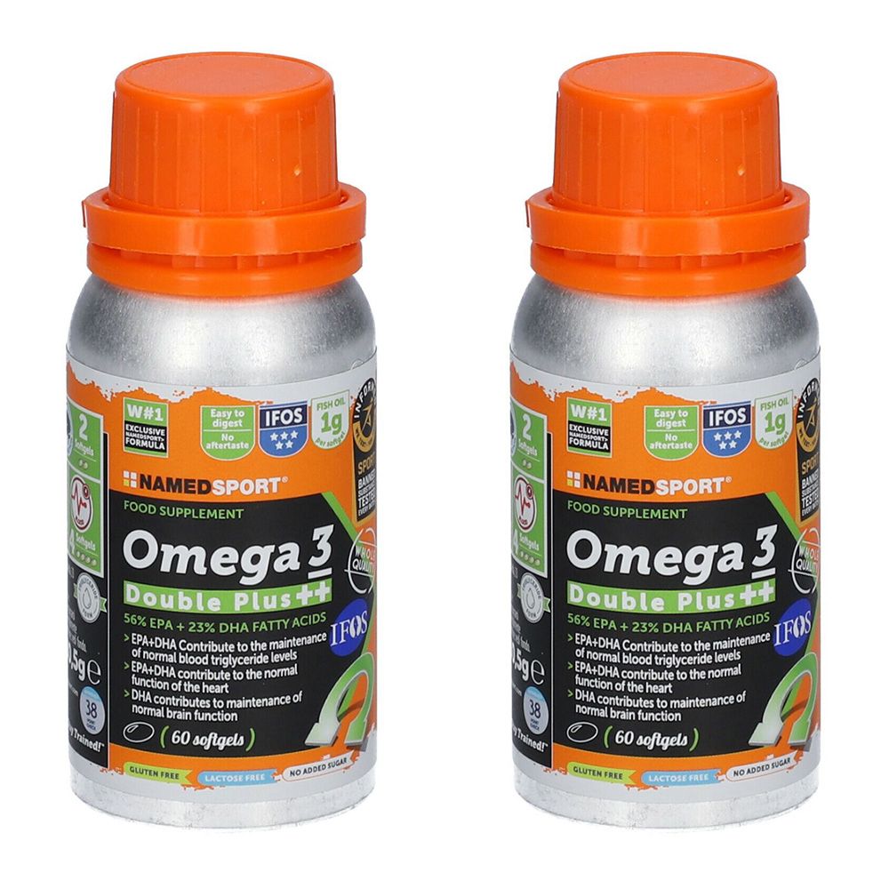 Deux boîtes de Namedsport Omega 3 Double Plus++. Récipients métalliques avec couvercles orange. Inscription Omega 3 et certification IFOS.