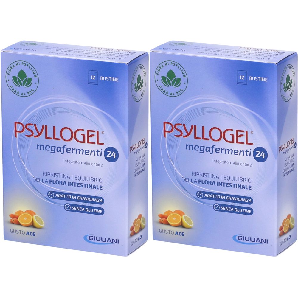 Zwei Packungen PSYLLOGEL Megafermenti 24. Hellblaue Schachteln mit Produktnamen, Logo und Text. Enthält 12 Beutel. Geschmack ACE, glutenfrei.