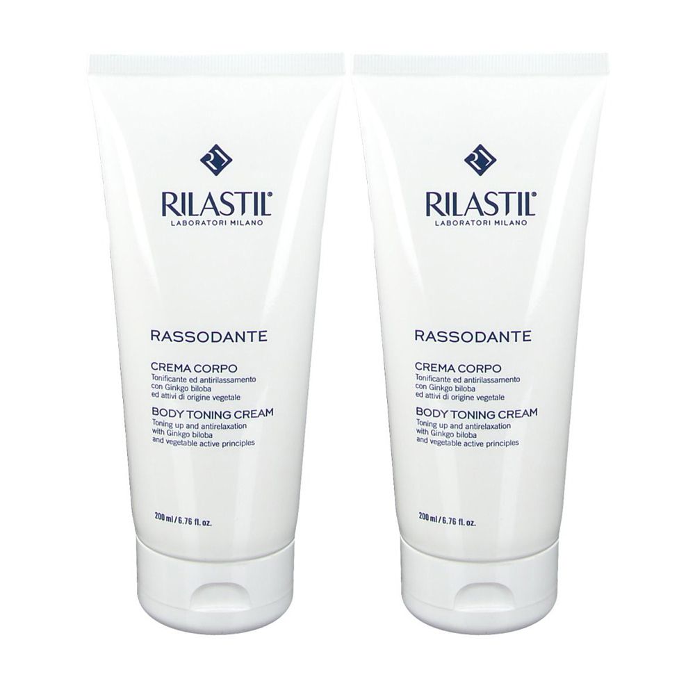 Deux tubes blancs avec texte. Inscription: Rilastil, Rassodante, Crema Corpo, Body Toning Cream.