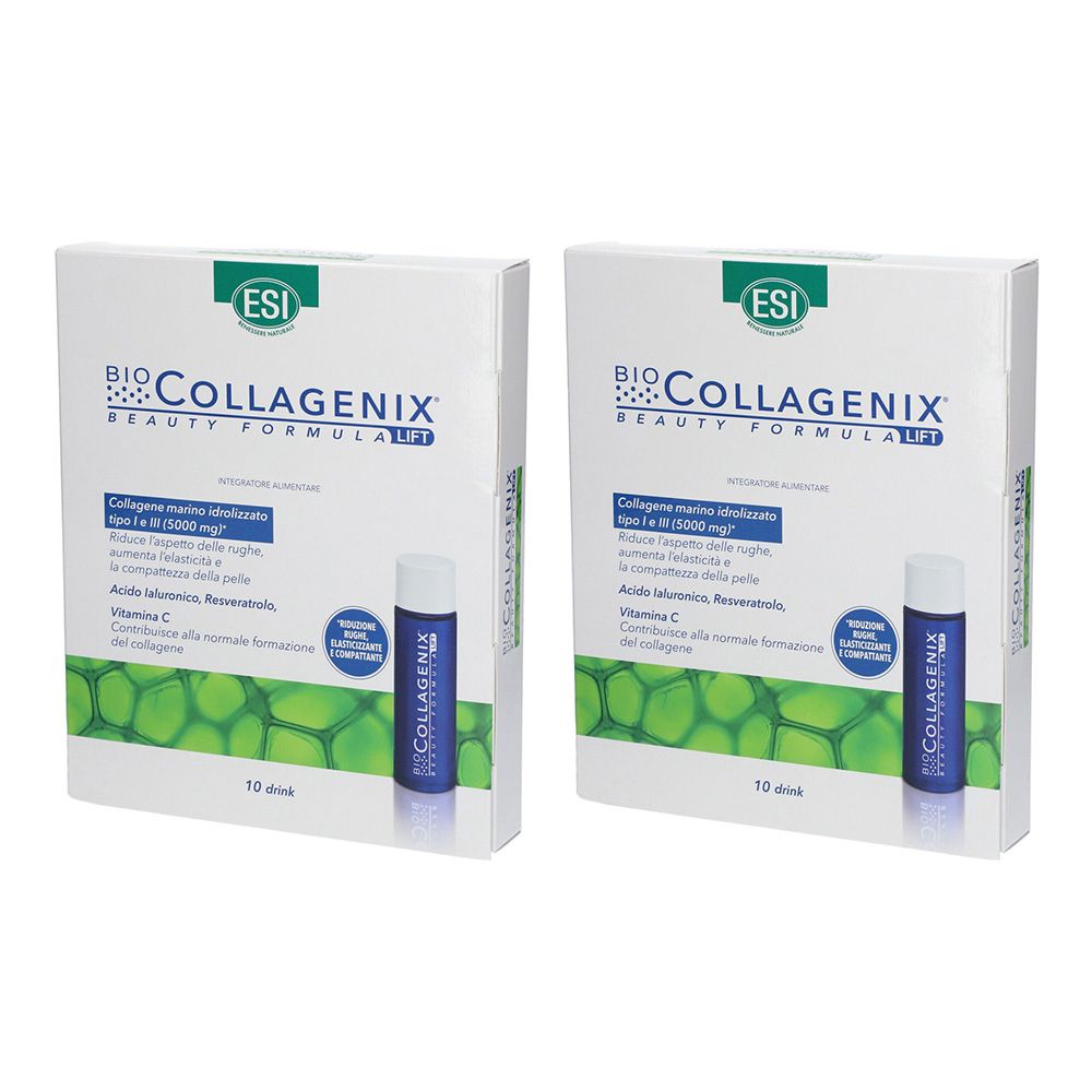 Deux boîtes de Bio Collagenix ESI. Chaque boîte présente une ampoule et des informations sur le produit.