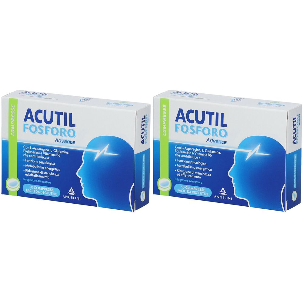 Zwei Schachteln mit dem Produktnamen ACUTIL FOSFORO Advance. Aufdrucke: ANGELINI, 12 Tabletten, Inhaltsstoffe.