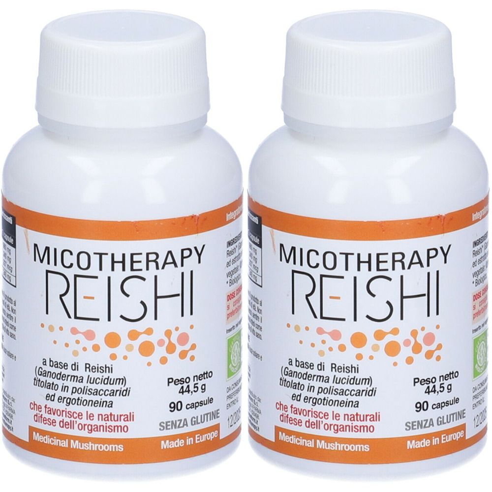 Deux flacons blancs avec étiquettes orange. Inscription : Micotherapy Reishi, 90 gélules, sans gluten. Fabriqué en Europe.