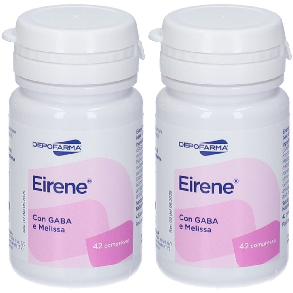 Zwei weiße Pillendosen mit Deckel. Aufschrift: Eirene, Favorisce il rilassamento, 42 compresse. Marke: Depofarma.