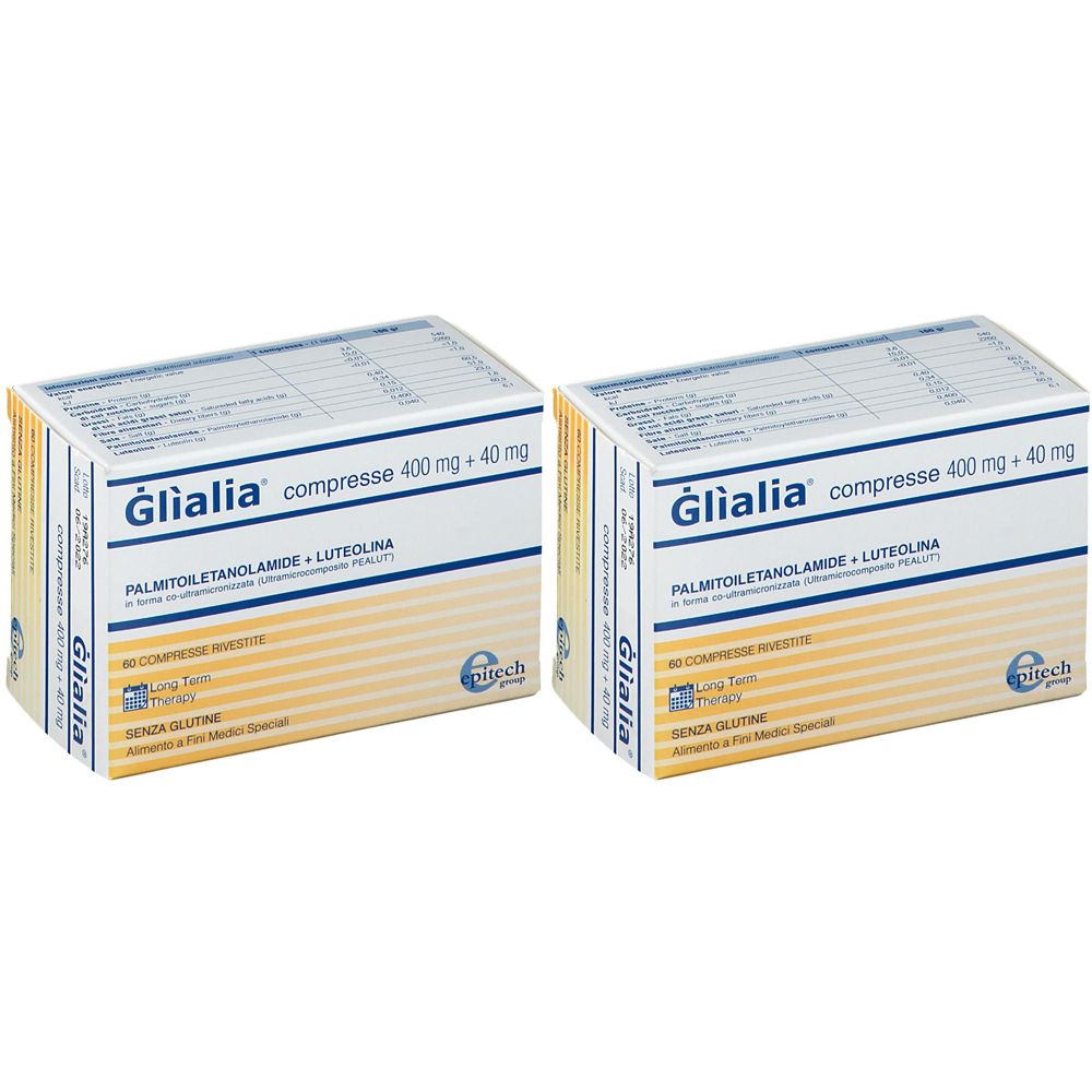 Deux boîtes de Glialia Compresse, 400 mg + 40 mg. Inscription : Palmitoyléthanolamide + Lutéoline. Design jaune et blanc avec le nom du produit.