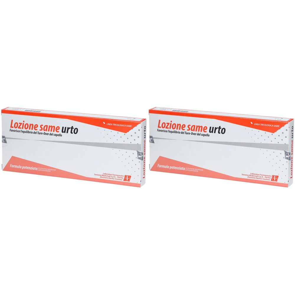 Zwei weiße Kartons mit roter Aufschrift "Lozione same urto". Text: "Formule brevettate".