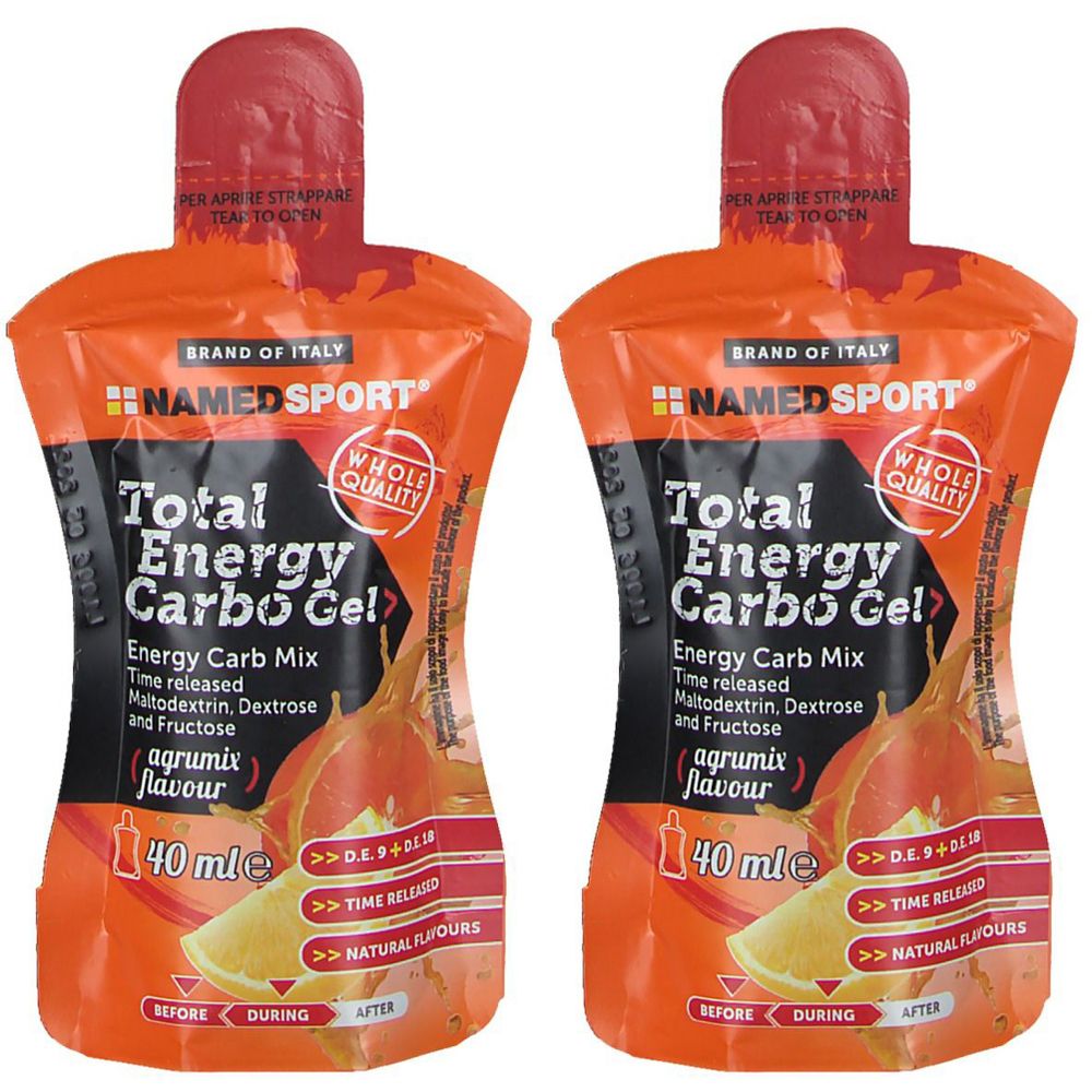 Deux sachets de gel orange avec l'inscription "Total Energy Carbo Gel". Marque : NAMEDSPORT. 40 ml.