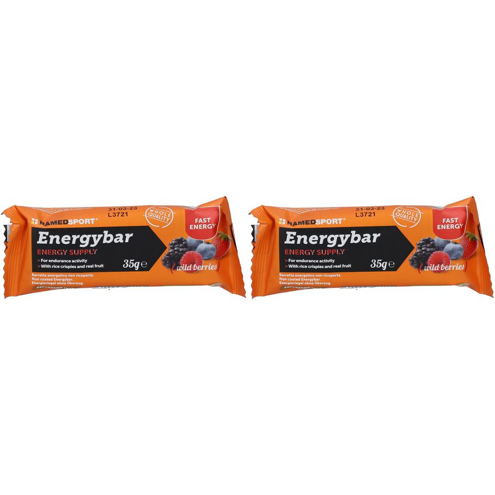 Deux barres énergétiques emballées. Emballage orange avec nom du produit, illustration de baies et inscription 'FAST ENERGY'.