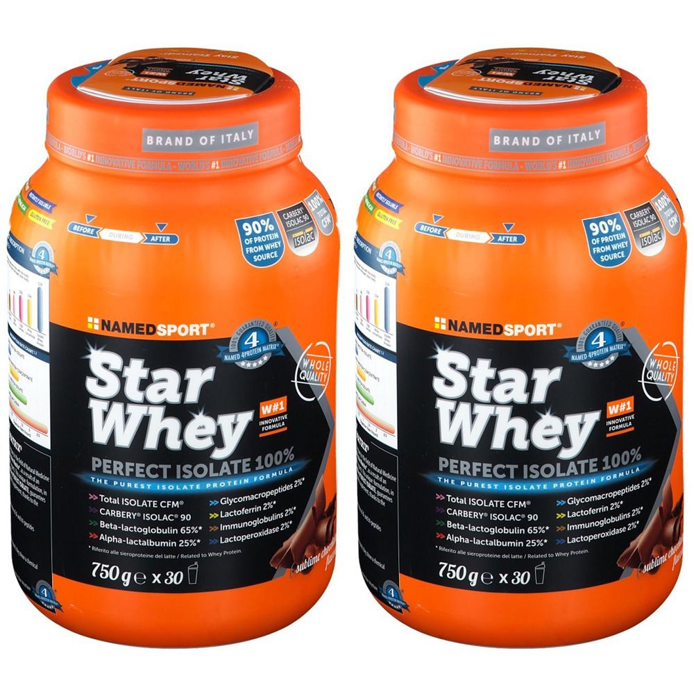 Deux boîtes oranges avec "NAMEDSPORT Star Whey". Inscription "PERFECT ISOLATE 100%". 750g x 30.