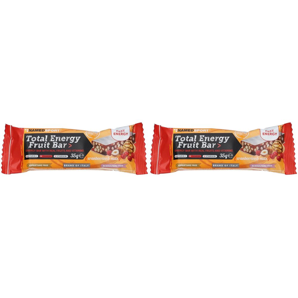 Zwei verpackte Riegel. Aufschrift: Total Energy Fruit Bar. Cranberry & Nuts. 35g. Marke: NamedSport.