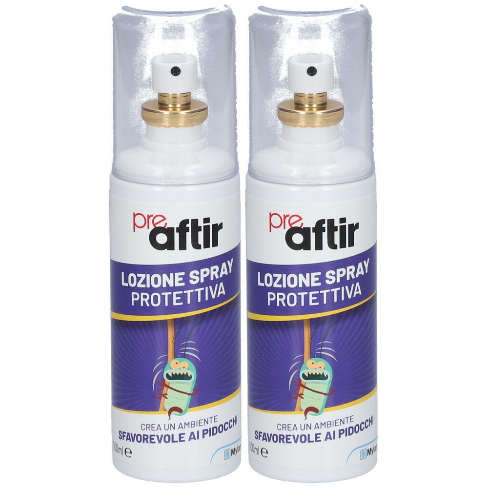 Deux flacons de spray blancs avec bouchons transparents. Inscription : PreAftir Lozione Spray Protettiva.