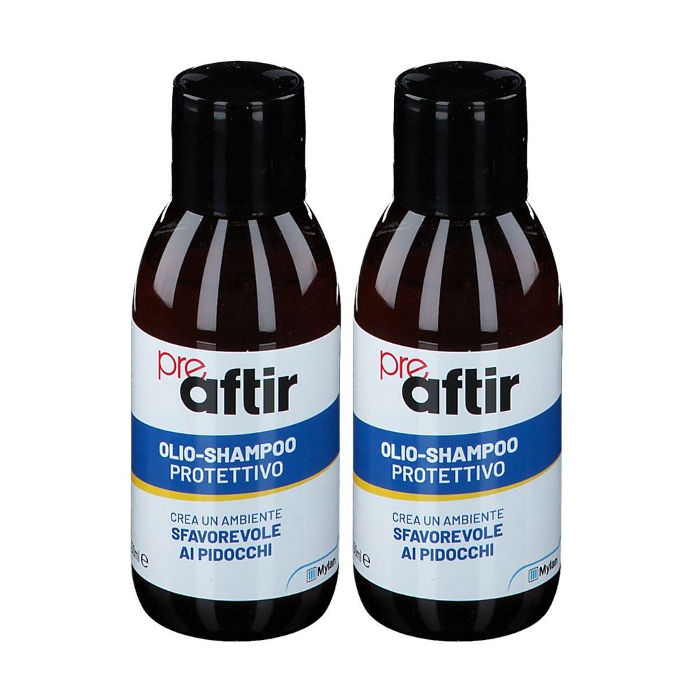 Zwei Flaschen Preaftir Olioshampoo. Schwarze Kappen, braune Flüssigkeit, weiß-blaues Etikett mit Produktinformationen.