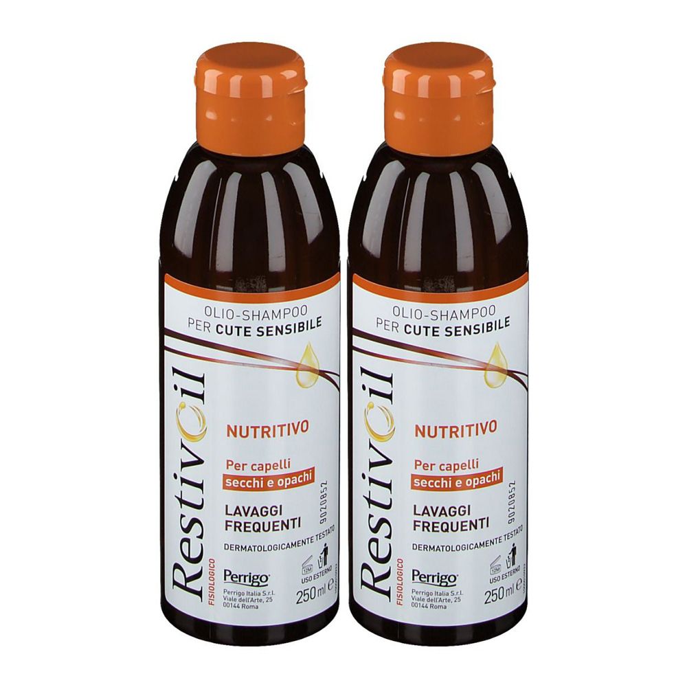 Zwei Flaschen Shampoo mit braunem Inhalt und orangefarbenem Deckel. Aufschrift: Restivoil, Nutritivo, für empfindliche Kopfhaut.