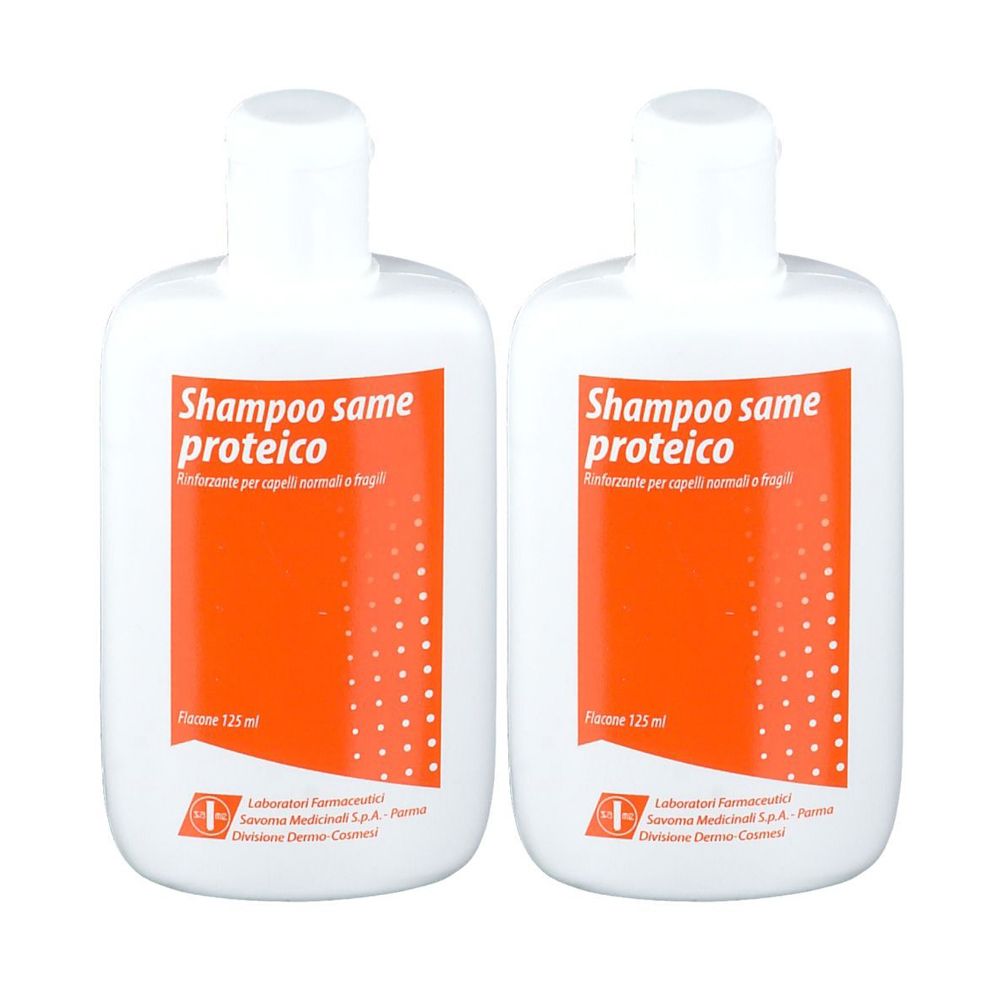Deux flacons blancs avec des étiquettes orange. Les étiquettes indiquent "Shampoo same proteico".