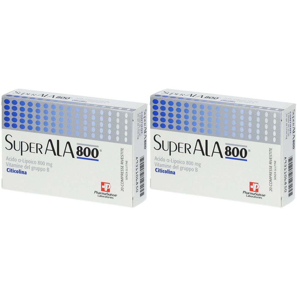 Zwei Schachteln SuperALA 800. Aufschrift: Acido α-Lipoico 800 mg, Vitamine del gruppo B, Citicolina. 20 Tabletten.