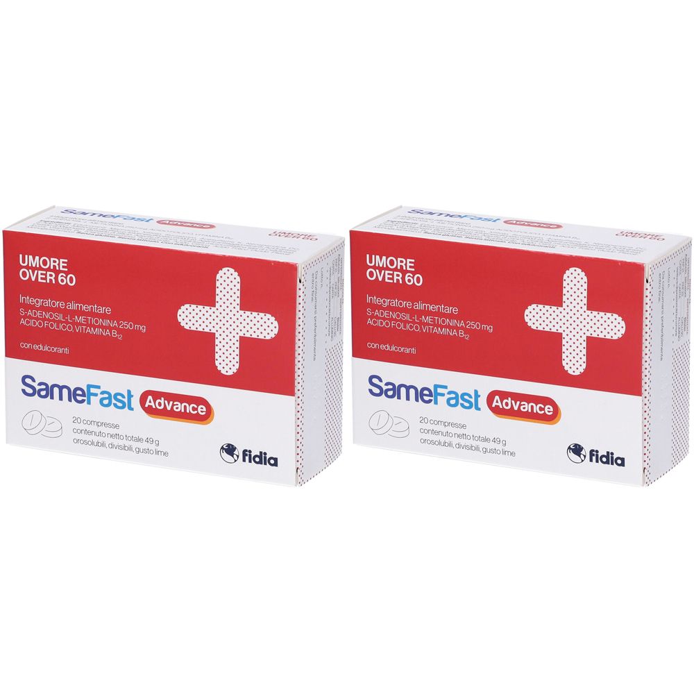 Zwei Schachteln mit roter und weißer Aufschrift. Aufschrift: UMORE OVER 60, SameFast Advance. Marke: fidia. Enthält Tabletten.