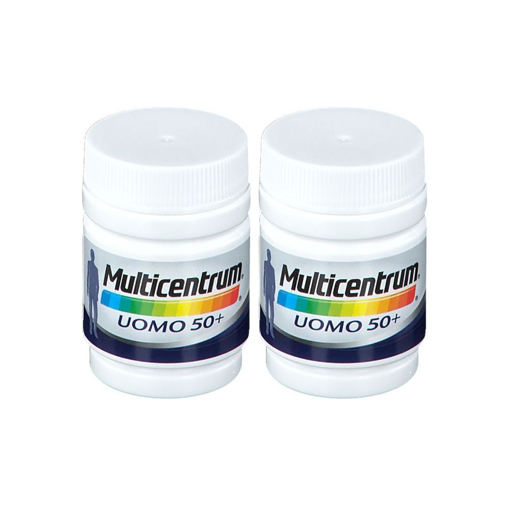 Zwei weiße Flaschen mit Schraubverschluss. Auf jeder Flasche steht "Multicentrum Uomo 50+".