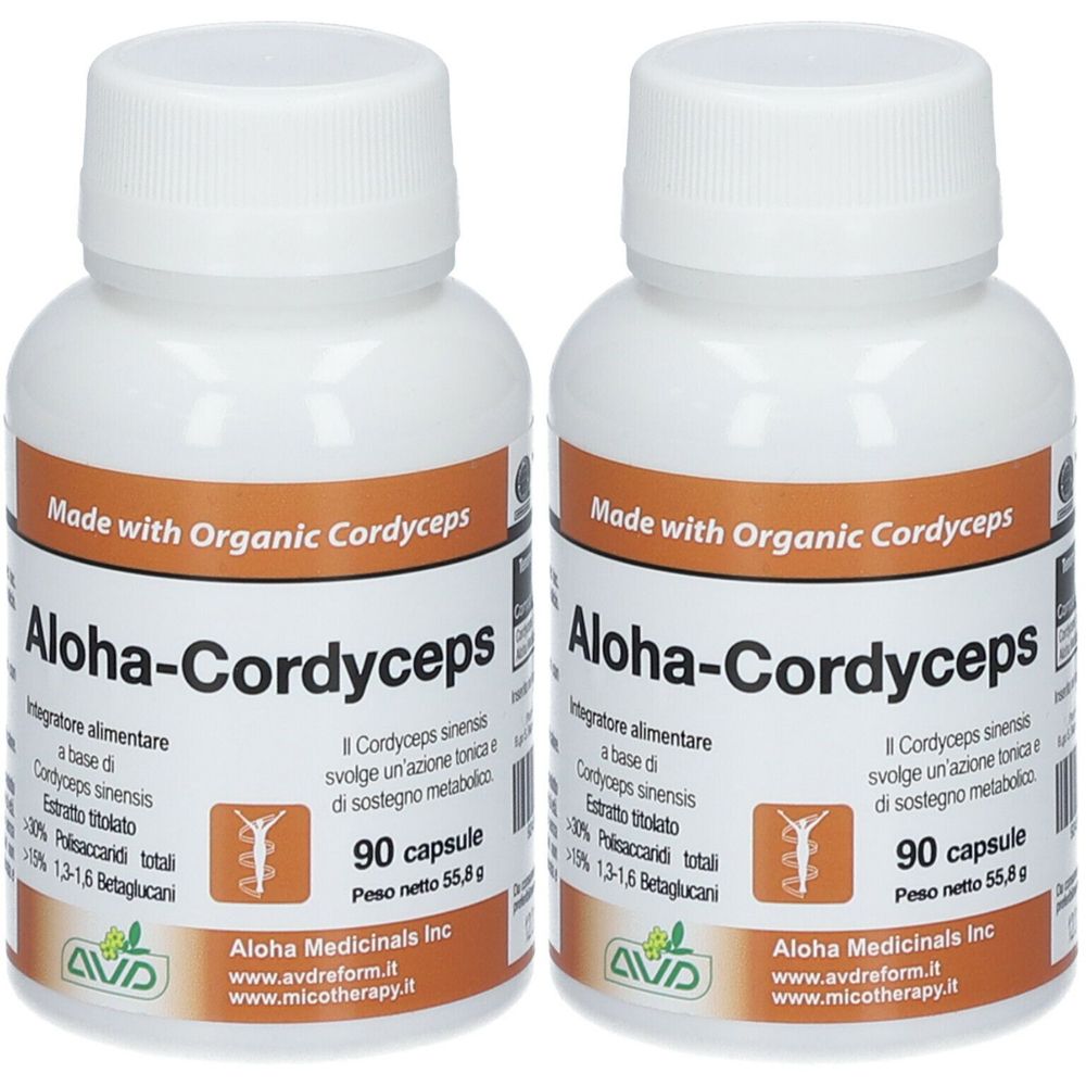 Deux flacons blancs "Aloha-Cordyceps". Inscription "Made with Organic Cordyceps". Chaque flacon contient 90 gélules.
