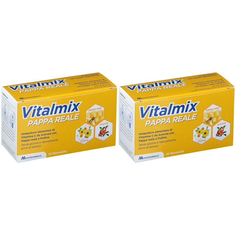 Zwei gelbe Kartons mit der Aufschrift "Vitalmix Pappa Reale". Auf den Kartons sind Illustrationen von Blumen und Früchten abgebildet.