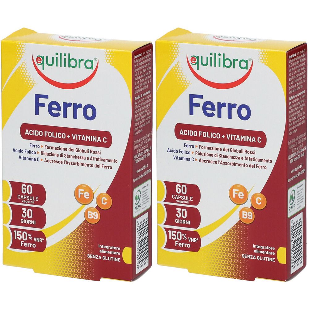 Deux boîtes de "Ferro Acido Folico + Vitamina C". Emballage jaune et rouge avec informations produit et logo "equilibra".