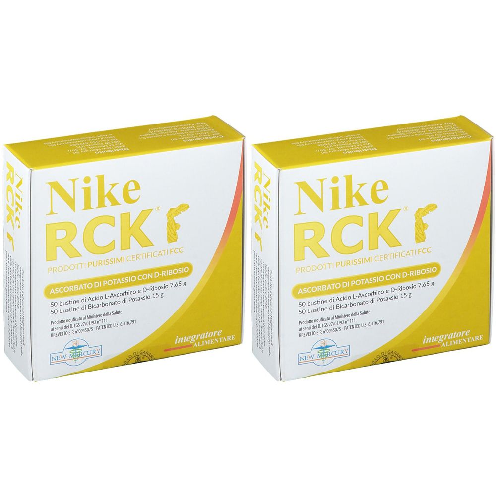 Deux boîtes jaune et blanche avec "Nike RCK F". Texte: Ascorbato di Potassio con D-Ribosio. Complément alimentaire.