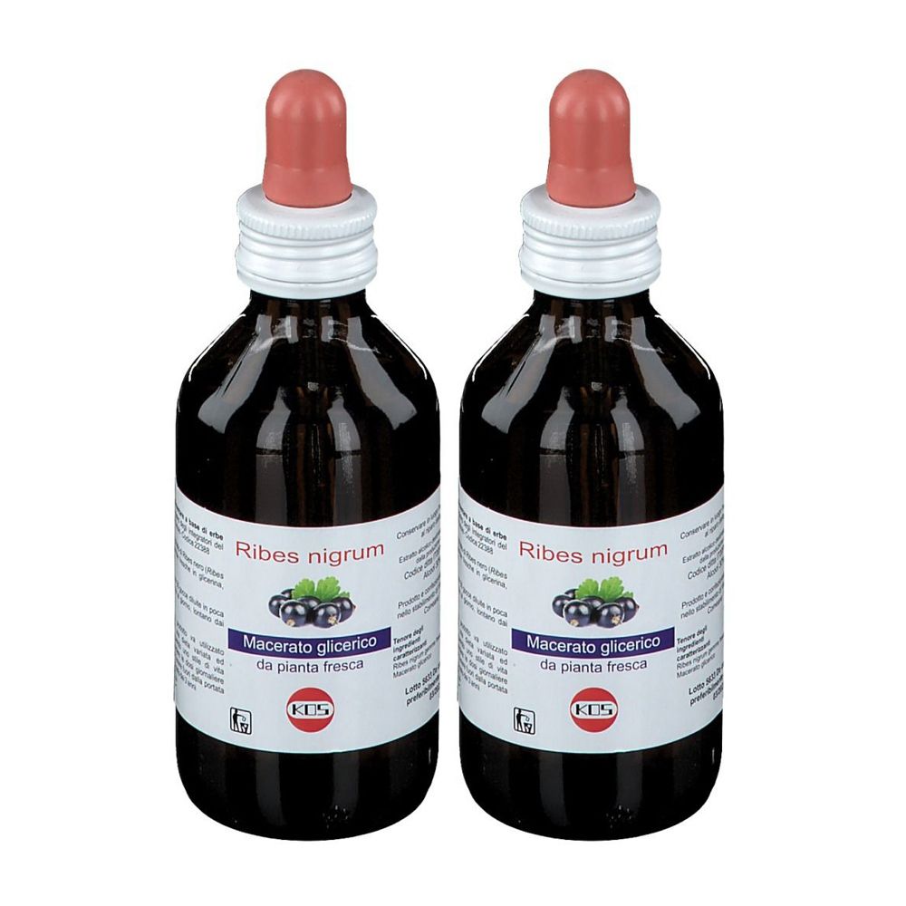 Deux flacons de liquide foncé avec compte-gouttes. Inscription : Ribes nigrum, Macerato glicerico da pianta fresca.