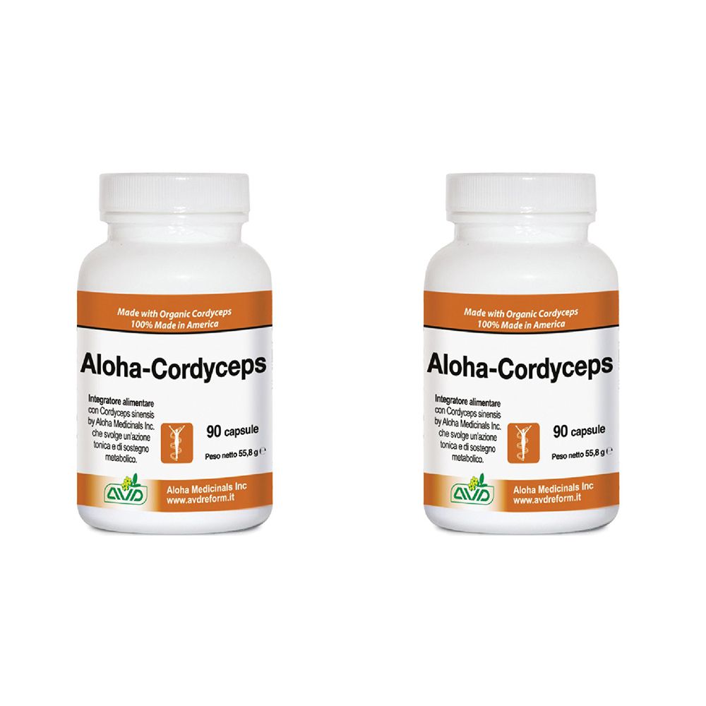 Zwei weiße Flaschen mit braunen Etiketten. Aufschrift: Aloha-Cordyceps, 90 Kapseln. AVD-Logo.