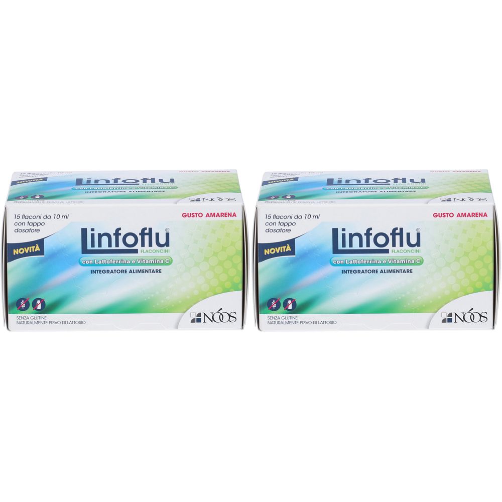 Zwei Schachteln Linfoflu. Aufschrift: 15 Fläschchen, doppelter Dosis, Geschmack Amarena. Marke: NOOS. Neu.