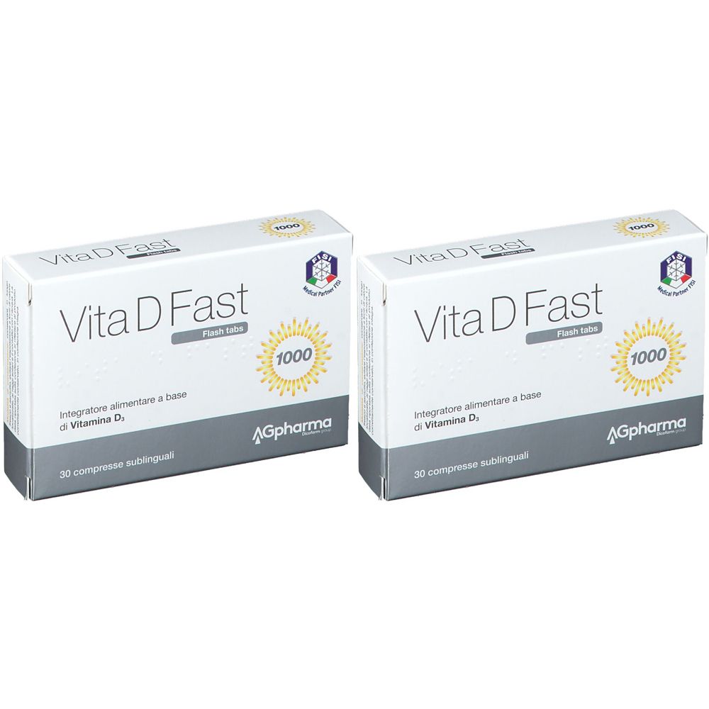 Zwei weiße Schachteln mit der Aufschrift "Vita D Fast". Auf jeder Schachtel ist ein Logo mit der Aufschrift "1000" und "AGpharma" zu sehen.